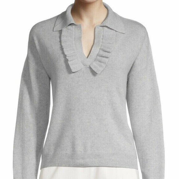 ELIE TAHARI Ruffle Split Neck Cashmere Sweater Amber Grey Size XL NWT $345 NEW - Picture 4 of 6
